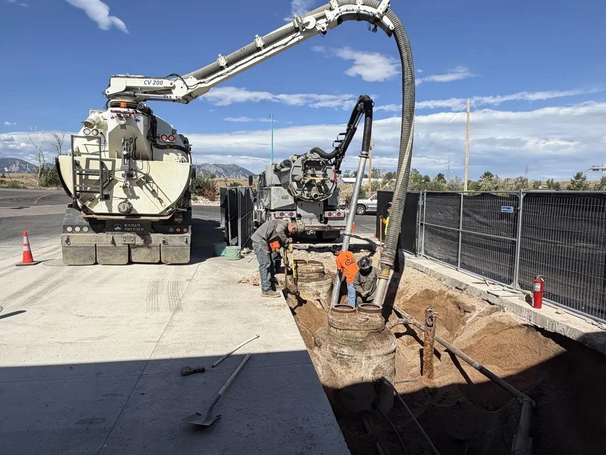 Biolein hydrovac truck excavating around underground utilities at a Colorado commercial site Biolein hydrovac truck excavating around underground utilities at a Colorado commercial site
