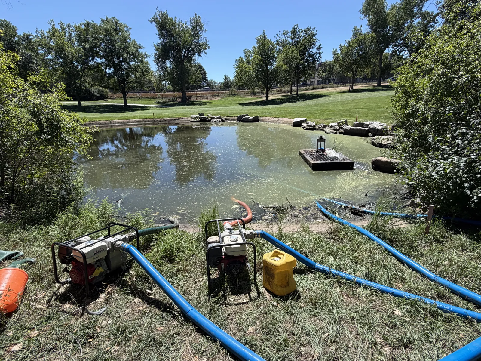 Pumps and hoses set up beside a natural pond during pond maintenance in Colorado Pumps and hoses set up beside a natural pond during pond maintenance in Colorado